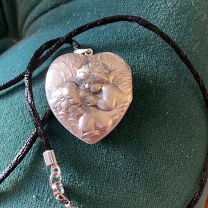 Vintage Sterling Silver Heart Locket Angel Cherub Lady on Satin Rope